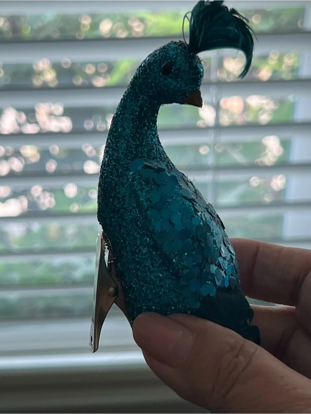 Pier 1 Peacock Clip-On Christmas Tree Ornament Blue Glitter Feather